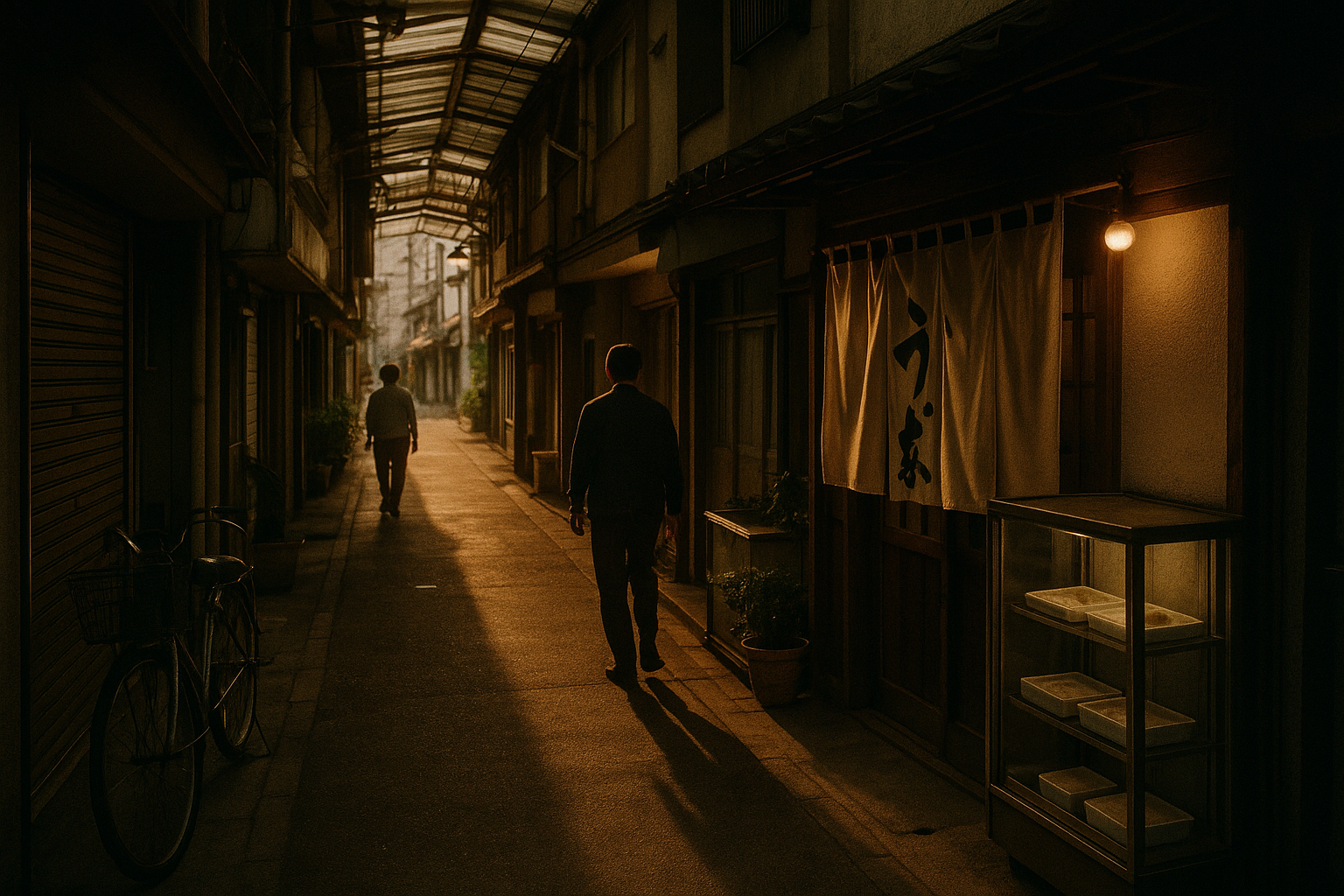 A quiet shotengai shopping arcade in a regional Japanese city at evening