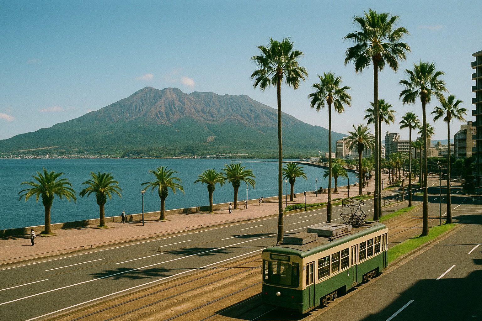 Kagoshima city waterfront with Sakurajima volcano smoking across the bay