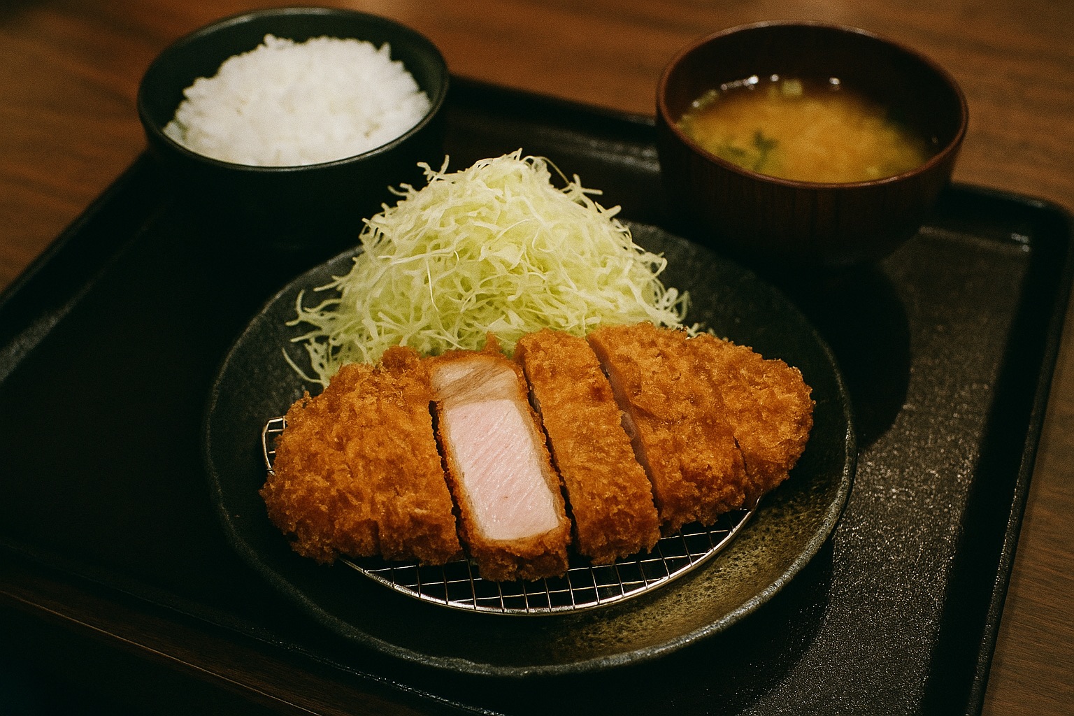 A thick golden kurobuta black pork tonkatsu cutlet with cabbage and rice