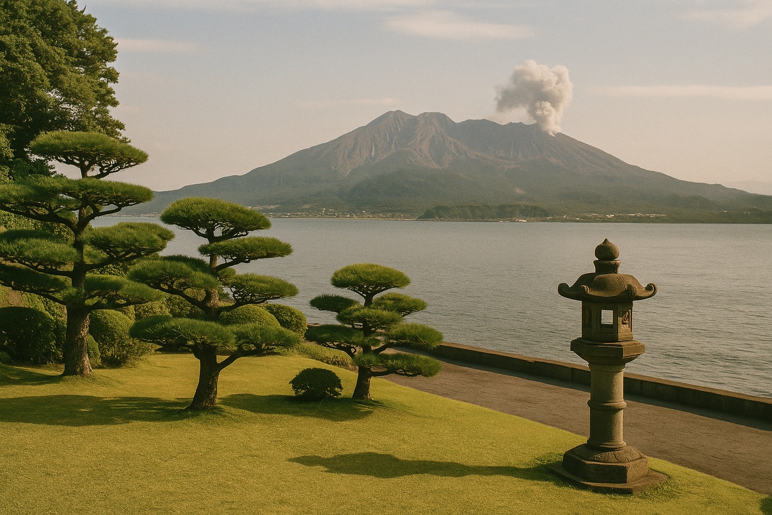 Sengan-en garden framing Sakurajima volcano across the bay as borrowed scenery