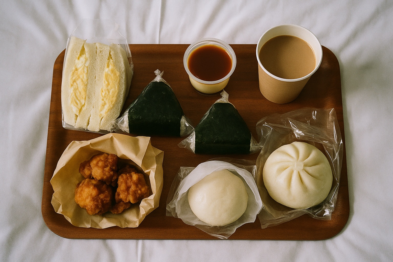 A spread of Japanese convenience store food — egg sandwich, onigiri, fried chicken, pudding
