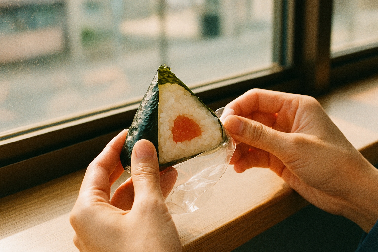 Unwrapping a mentaiko onigiri at a convenience store counter in the morning