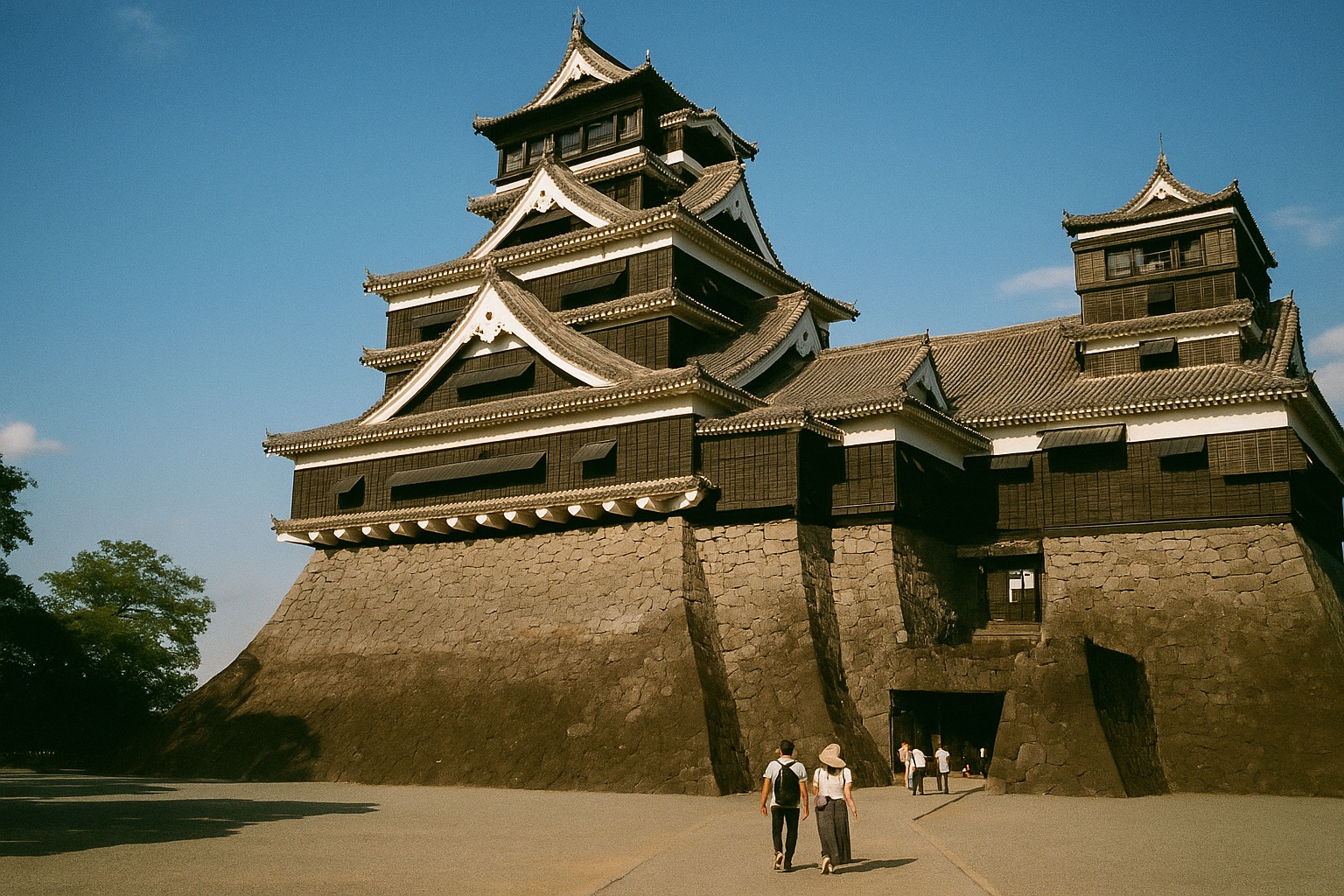 Kumamoto Castle's keep rising over its dramatic curved stone walls