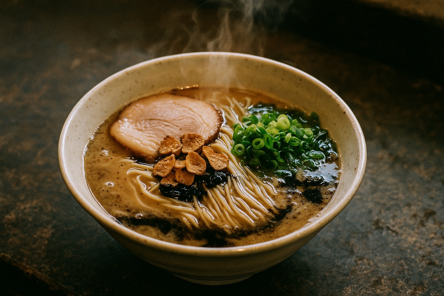 A bowl of Kumamoto ramen topped with fried garlic chips and chashu