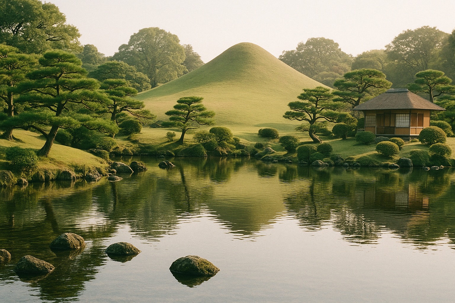 The miniature grass Mount Fuji beside the spring-fed pond at Suizenji garden