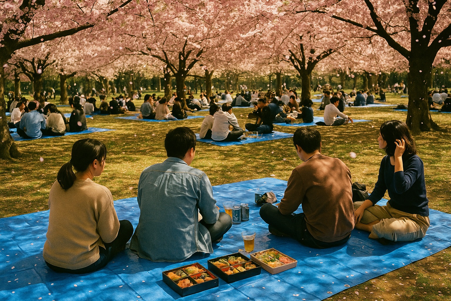 A hanami cherry-blossom picnic in a Kyushu park