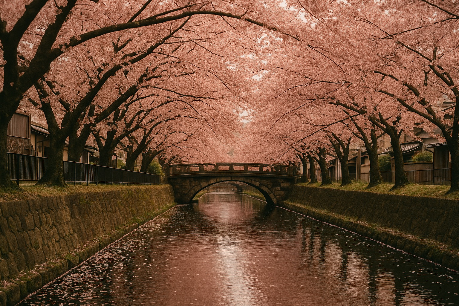 A tunnel of cherry blossoms arching over a canal with an old stone bridge