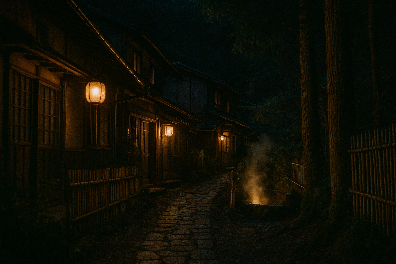 Kurokawa Onsen lantern-lit village path at night