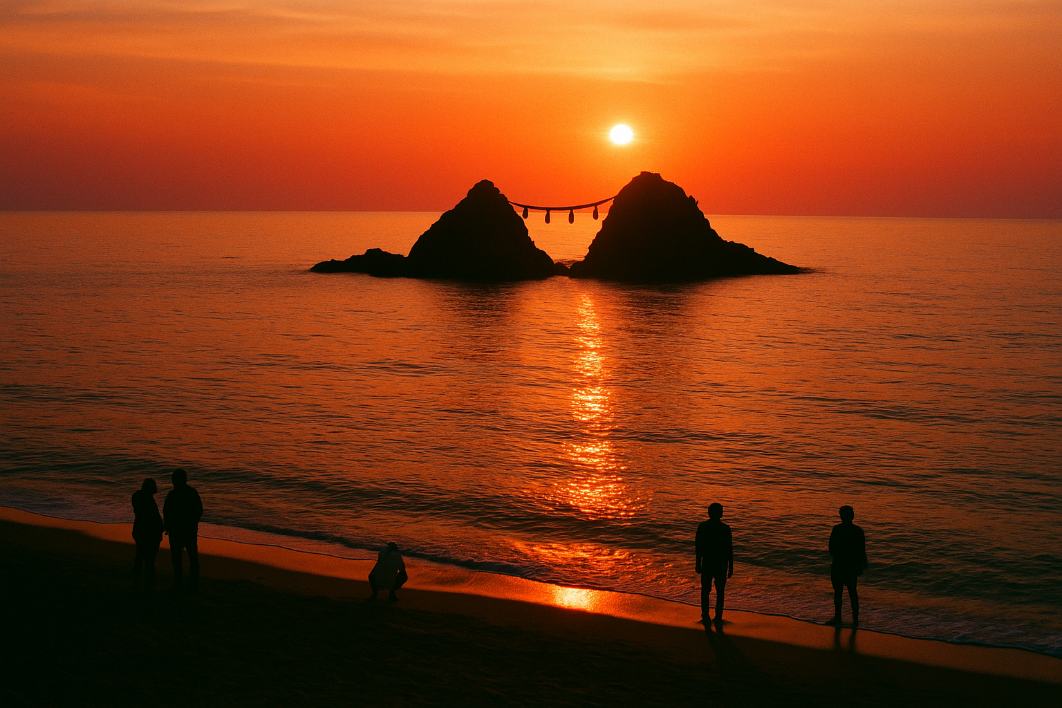 Itoshima Futamigaura meoto-iwa husband wife rocks at golden sunset