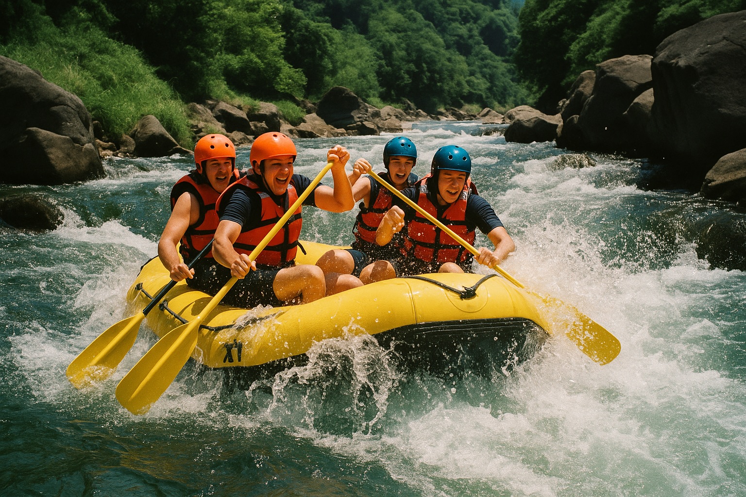 Yellow rafting boat on Kuma River rapids Kumamoto