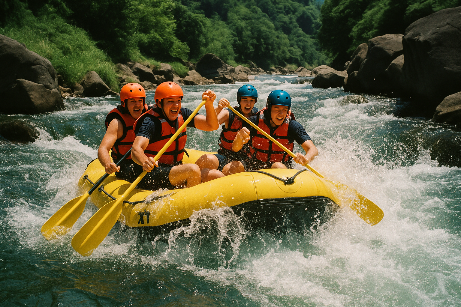 Yellow rafting boat on Kuma River rapids Kumamoto