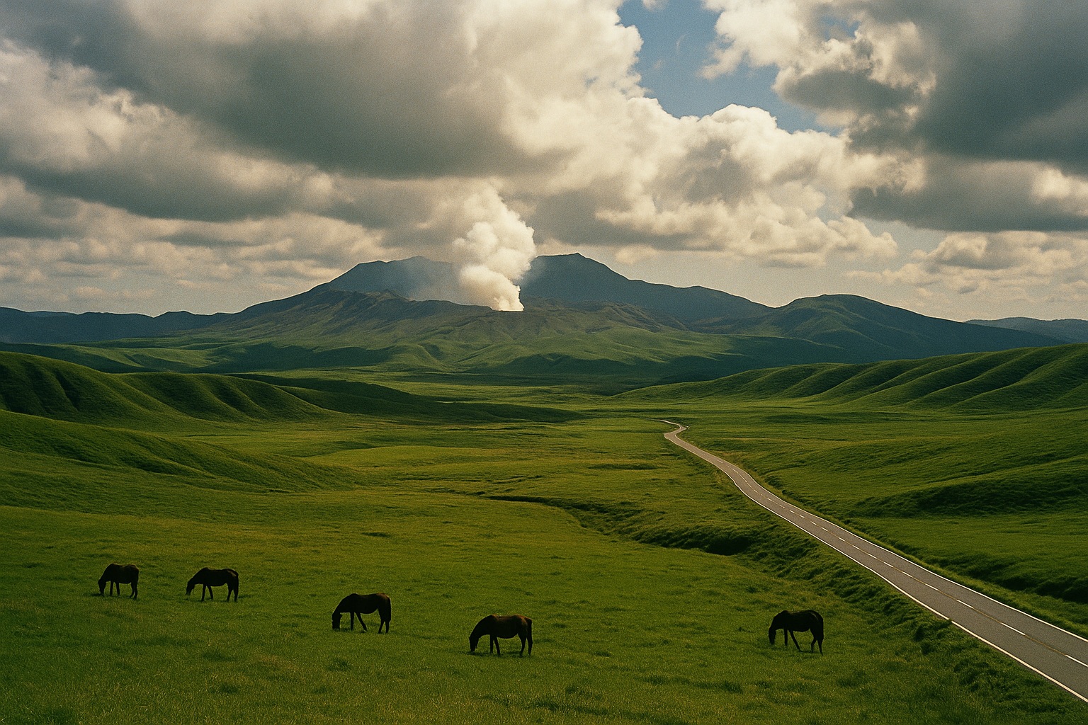 The vast green grasslands and smoking crater of the Aso caldera in Kyushu