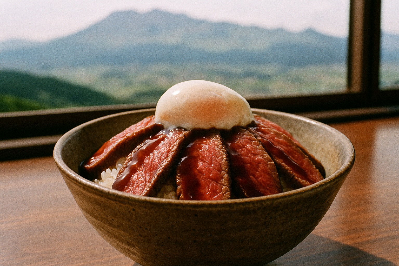 An akaushi red wagyu beef rice bowl with poached egg from Aso