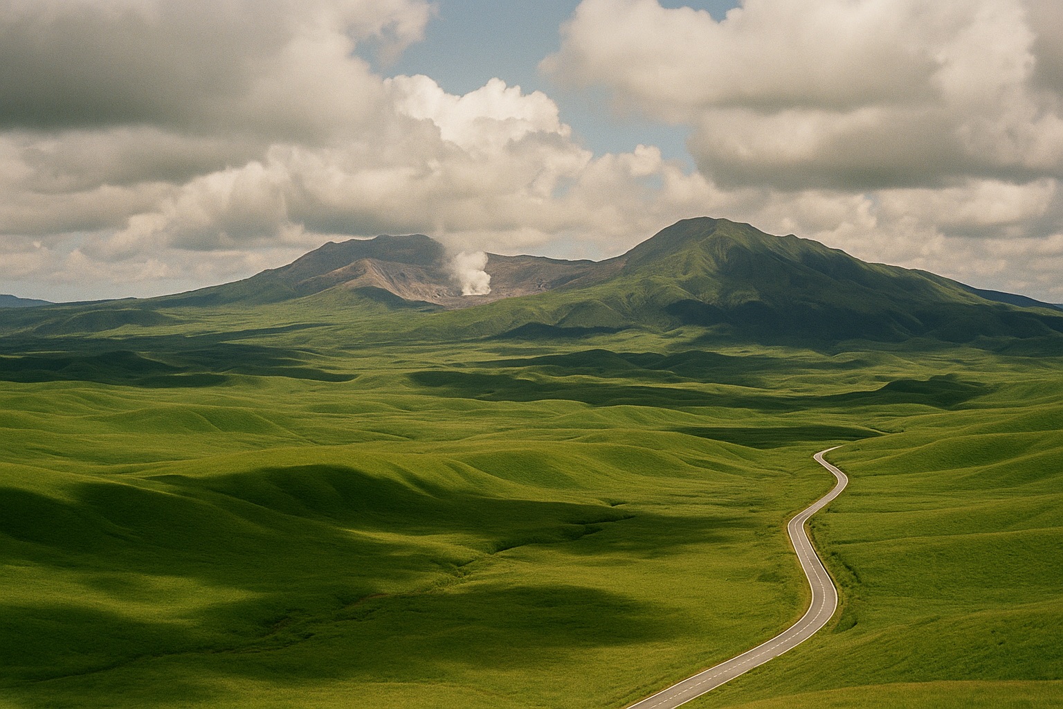 A road crossing the vast grasslands of the Aso caldera