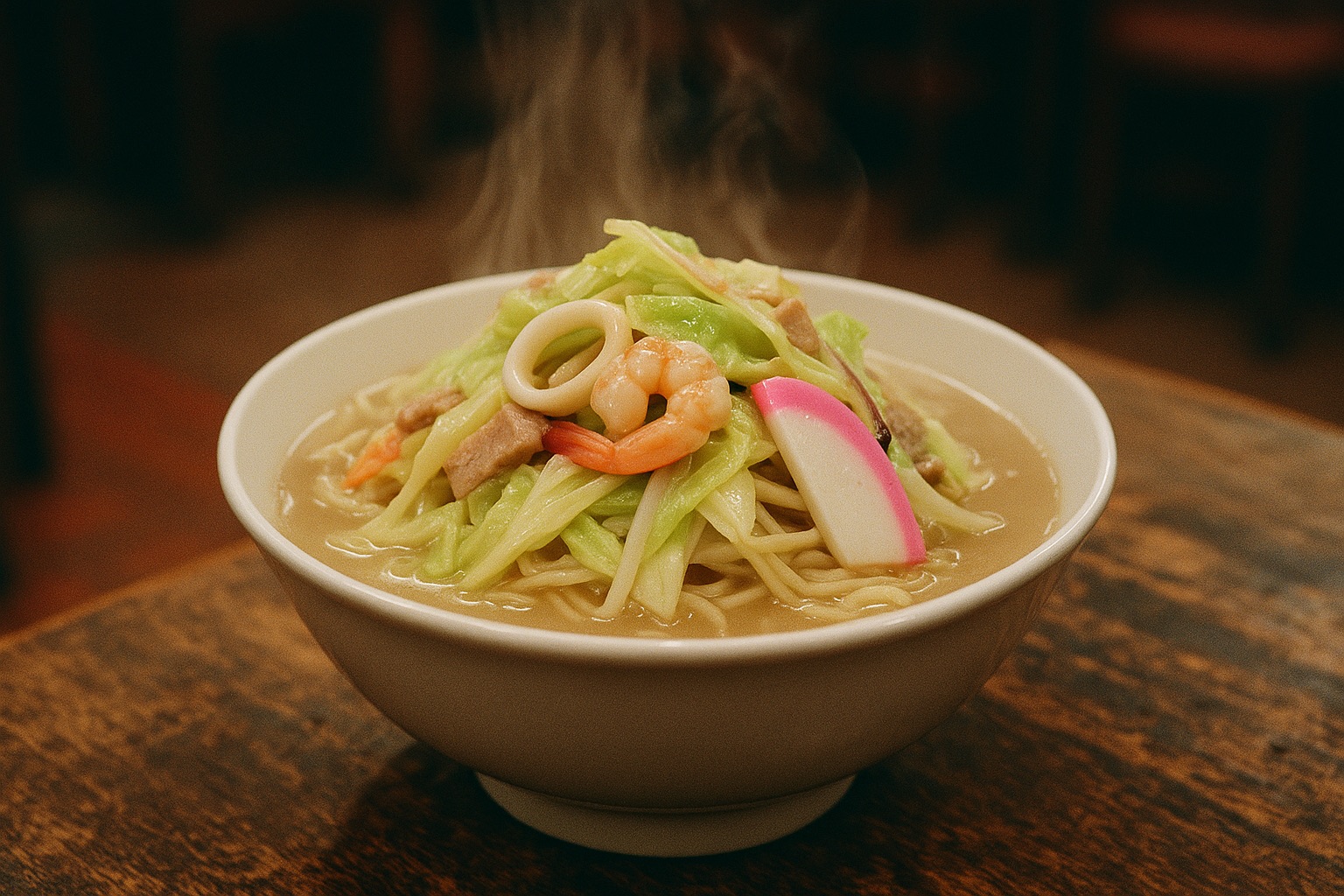 A steaming bowl of Nagasaki champon piled with seafood and vegetables
