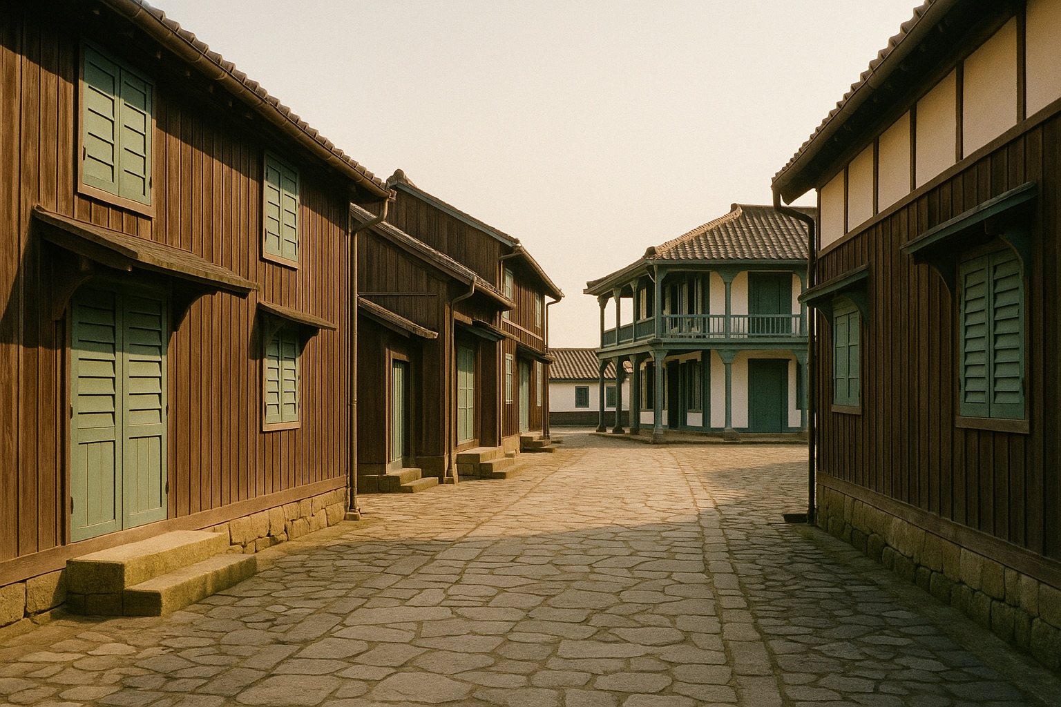 Restored Edo-period Dutch trading post buildings on Dejima, Nagasaki