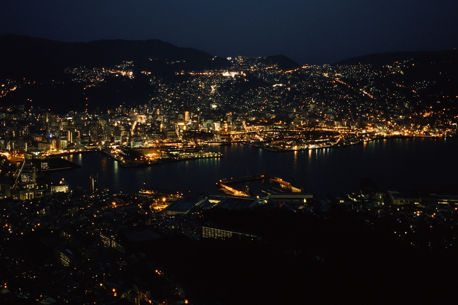 The night view of Nagasaki harbor and hillside lights from Mount Inasa