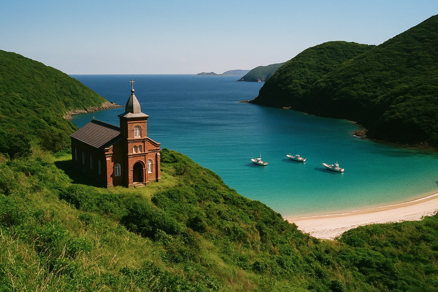 A historic brick church above a cobalt cove in the Goto Islands