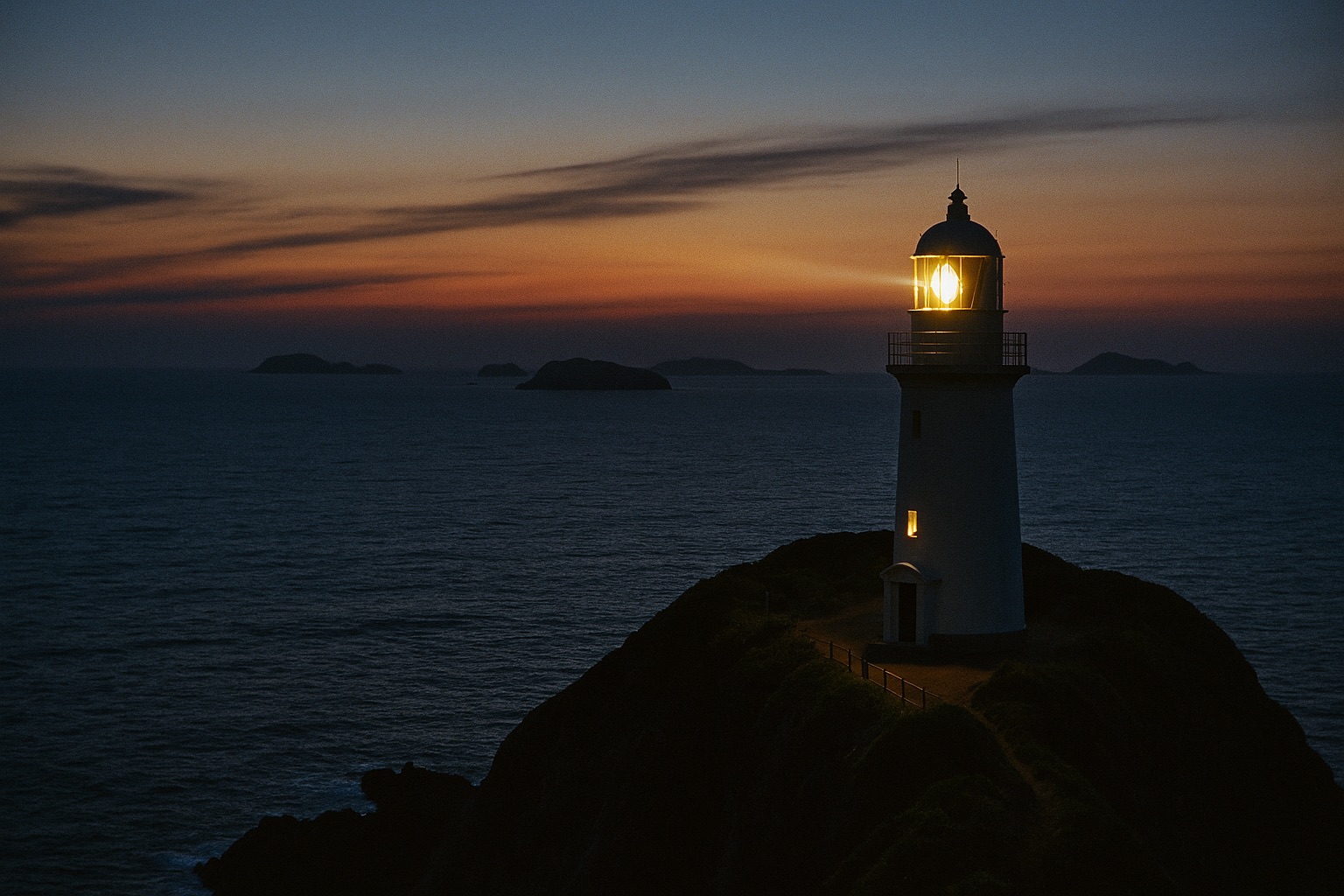 A lighthouse glowing at dusk on the Nagasaki coast