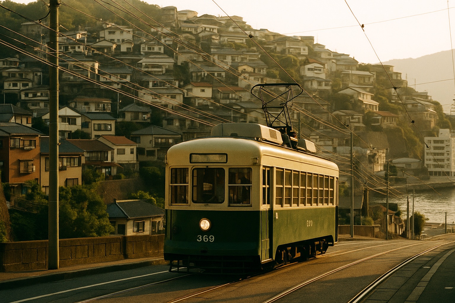 A retro streetcar climbing a hillside street in Nagasaki city