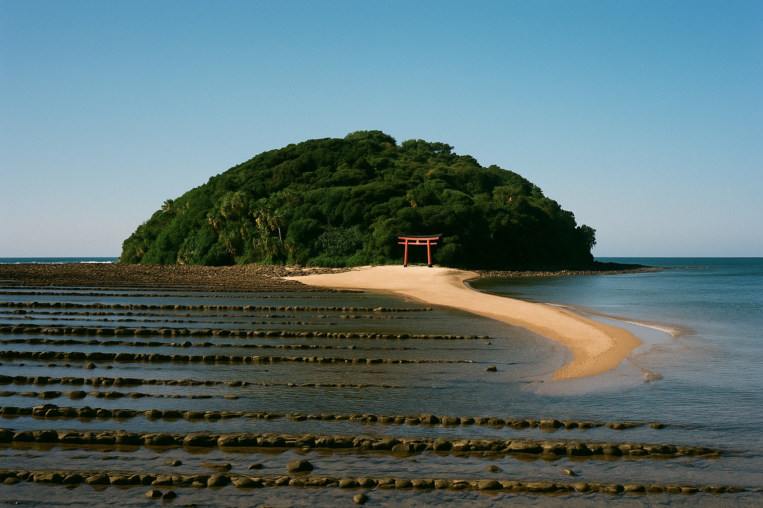 Aoshima island shrine surrounded by the Devil's Washboard rock formations