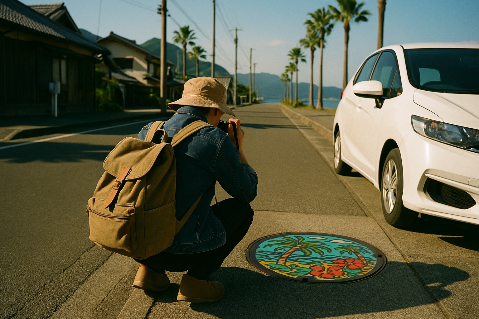 A traveler photographing a painted manhole cover in a small Miyazaki town