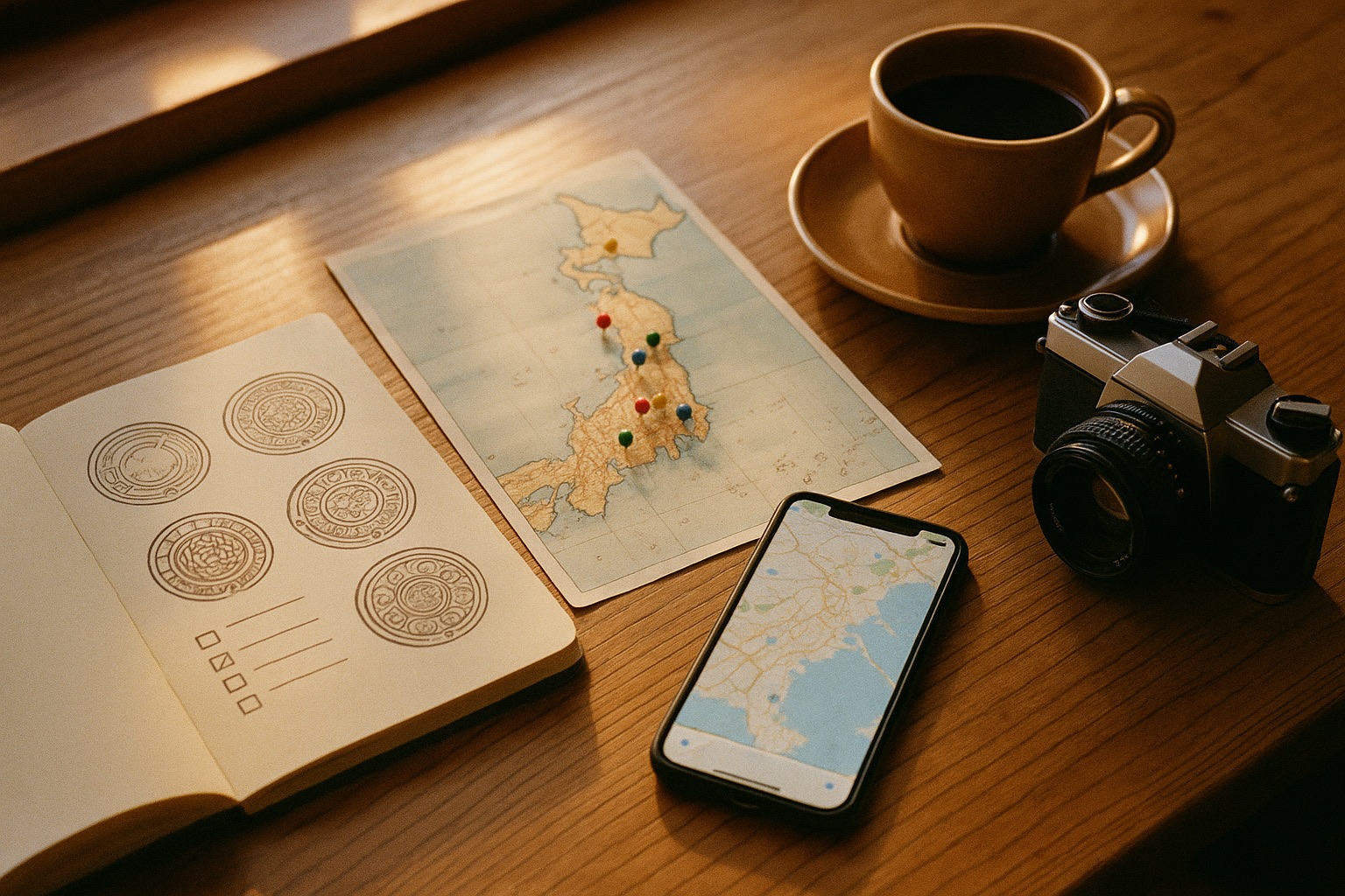 A traveler's manhole-hunting kit — notebook, map with pins, camera and coffee