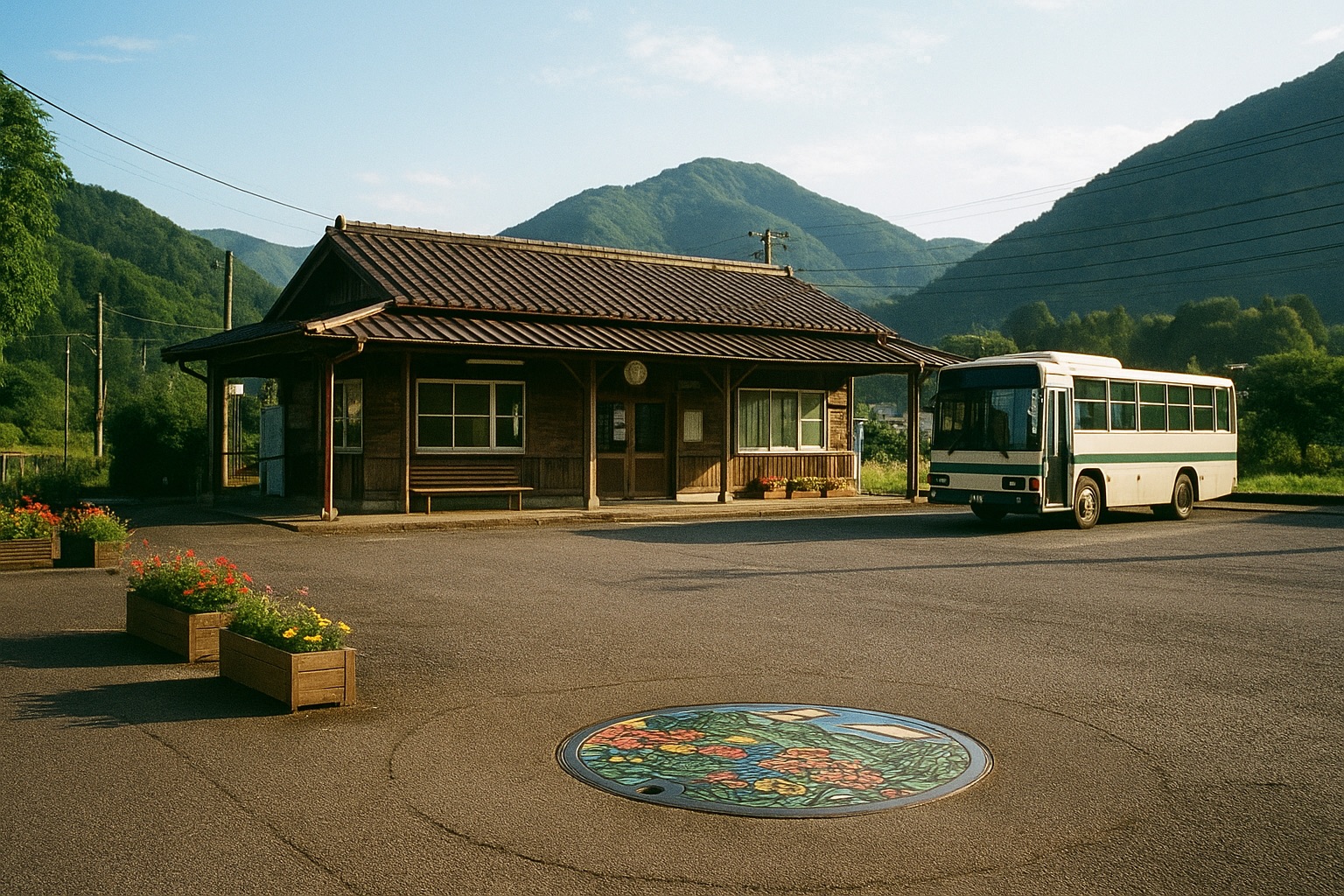 A painted manhole cover in front of a tiny rural Japanese train station