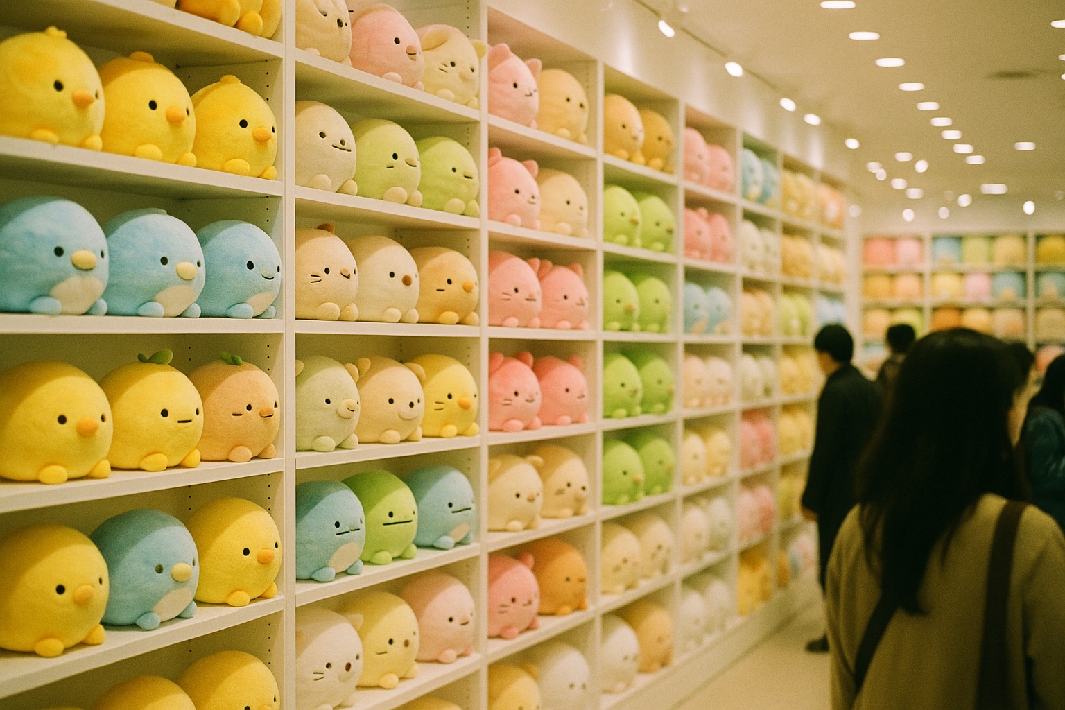 Walls of colorful plush toys inside a bright Japanese character store