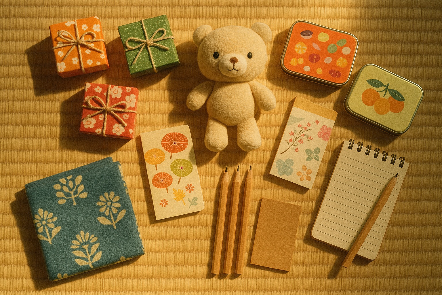 A flat-lay of Japanese souvenirs — gift boxes, plush, tins and stationery