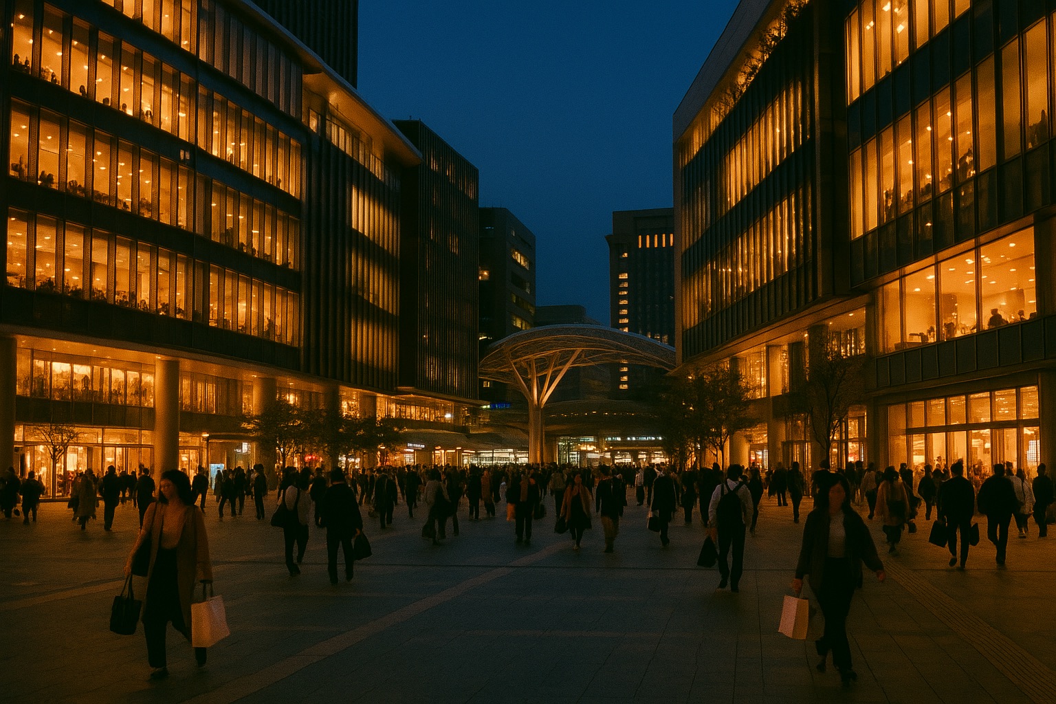 The shopping district around Hakata Station, Fukuoka, at dusk