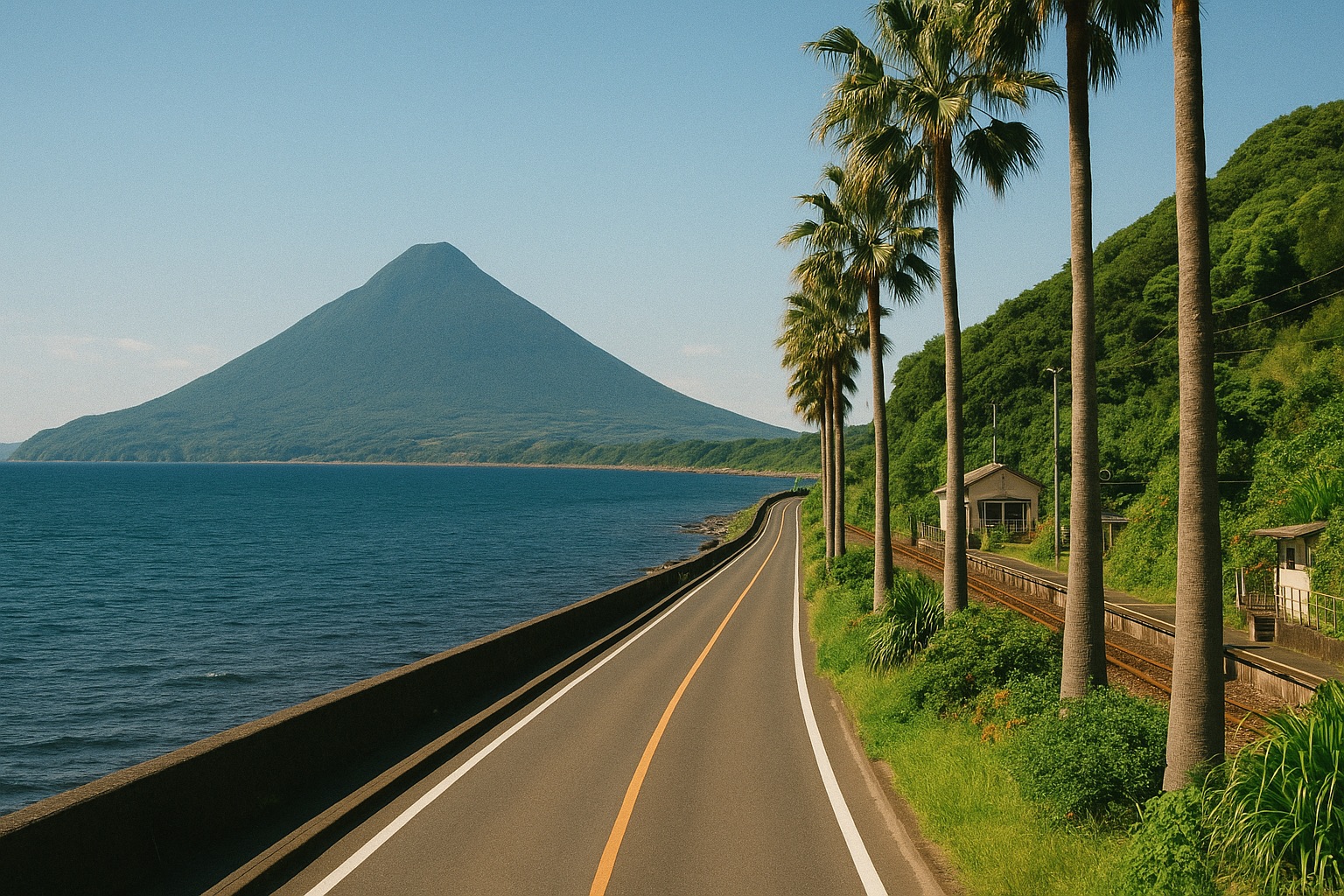Ibusuki coastline with Mount Kaimon rising across the bay, southern Kagoshima