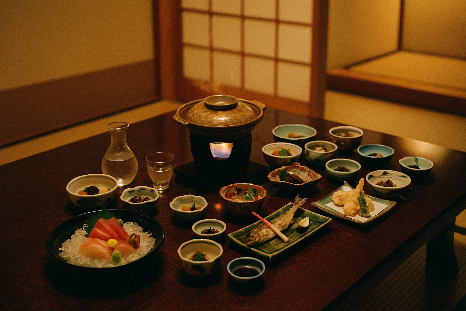 A kaiseki dinner of many small dishes laid out on a lacquered table