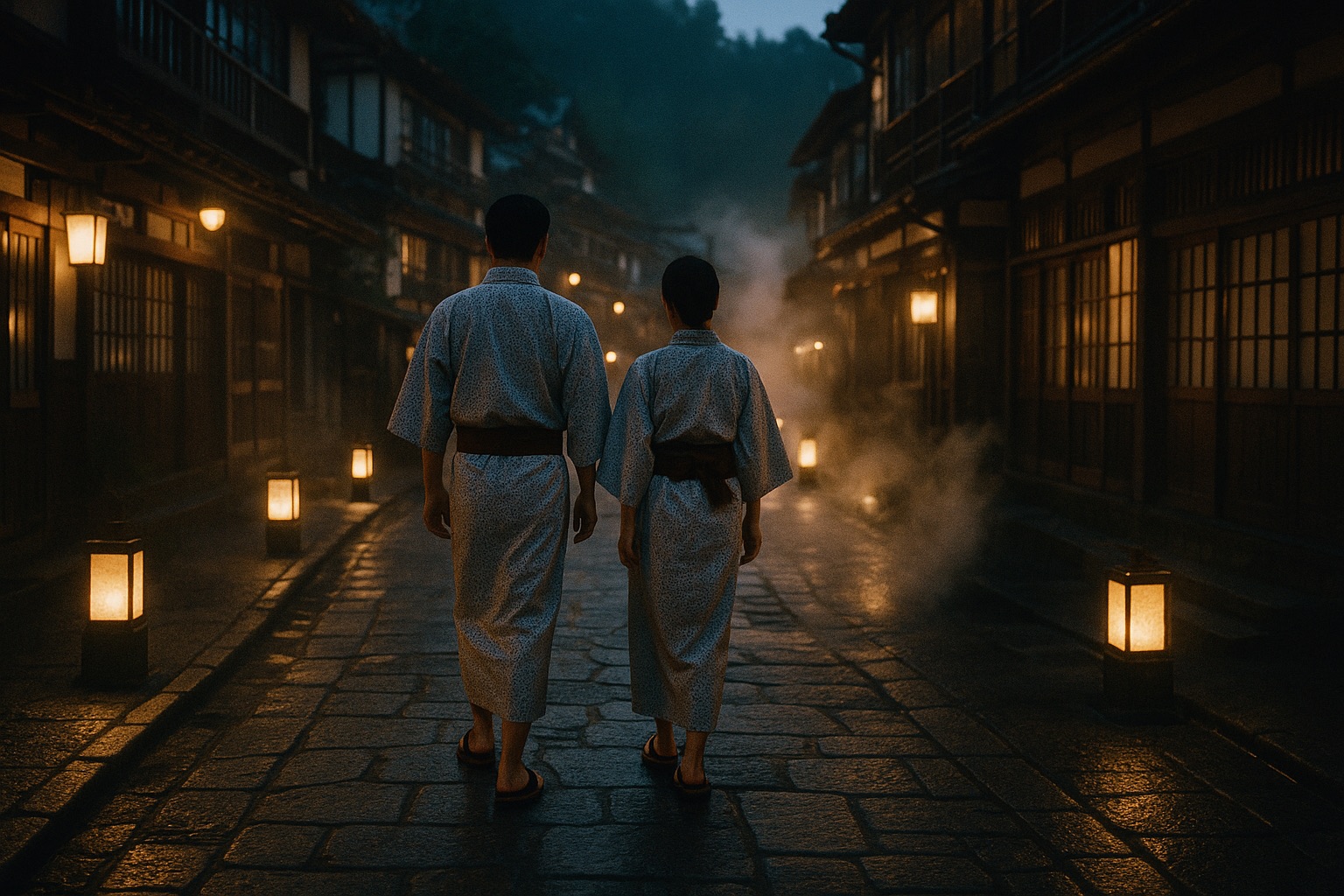 A couple in yukata walking down a lantern-lit onsen town street at dusk
