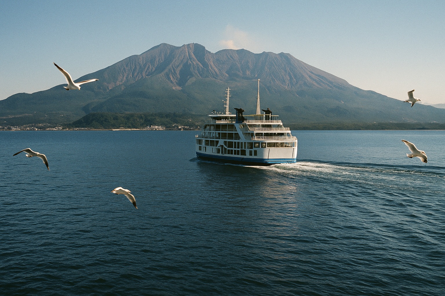 The Sakurajima ferry crossing Kinko Bay toward the volcano