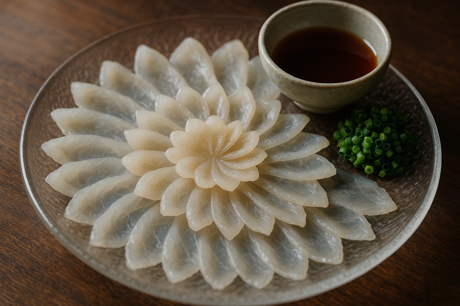 Fugu tessa — paper-thin pufferfish sashimi arranged in a chrysanthemum pattern on a glass plate with ponzu sauce