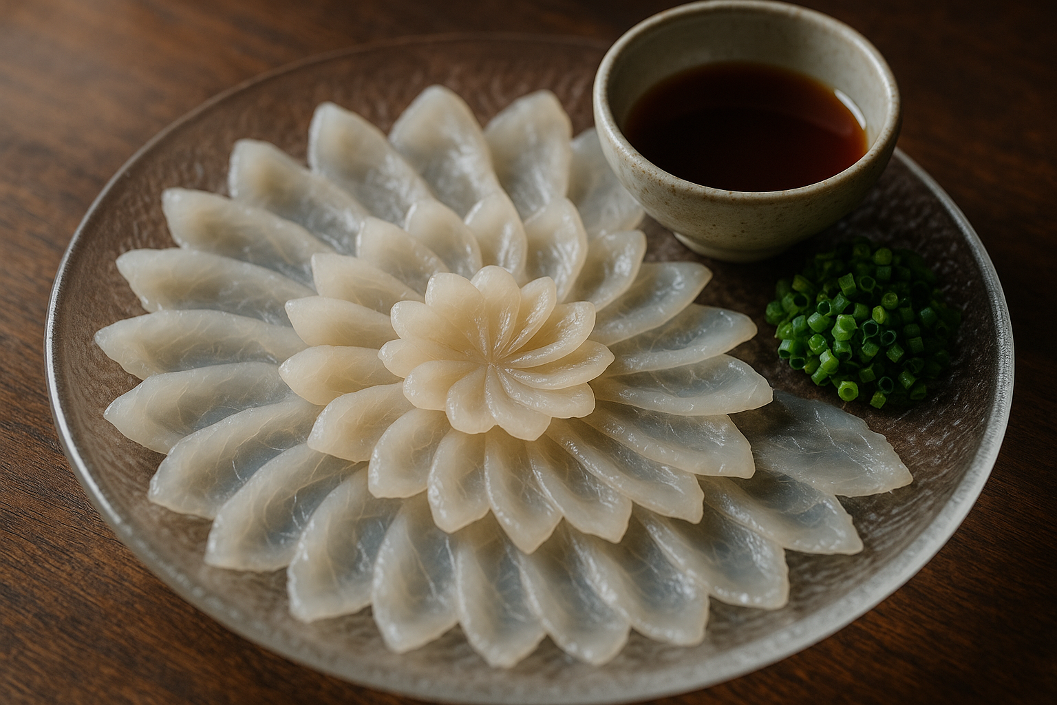 Fugu tessa — paper-thin pufferfish sashimi arranged in a chrysanthemum pattern on a glass plate with ponzu sauce