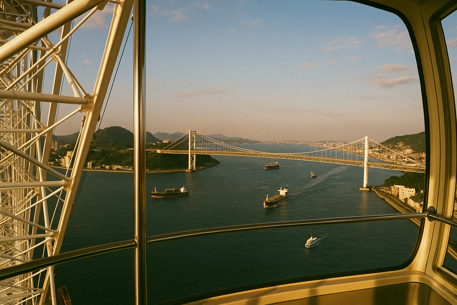 Panoramic view from the 60-meter ferris wheel in Shimonoseki looking over the Kanmon Strait and Kanmon Bridge