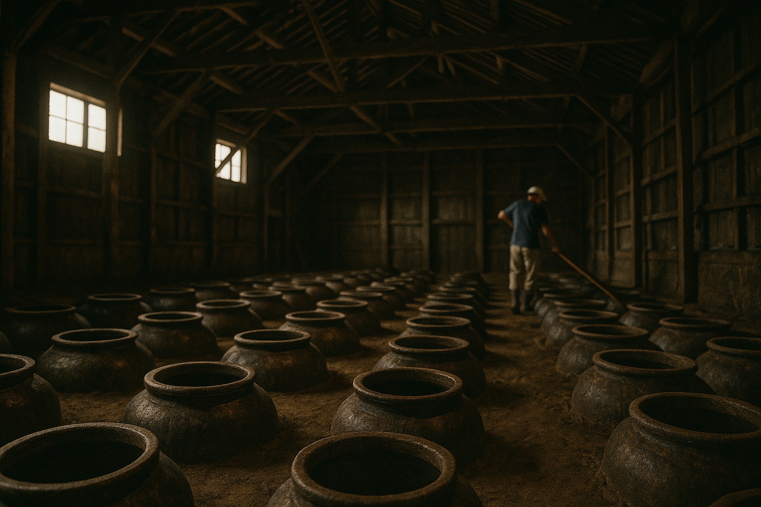 Ceramic fermentation pots sunk into the floor of a traditional Kagoshima shochu distillery
