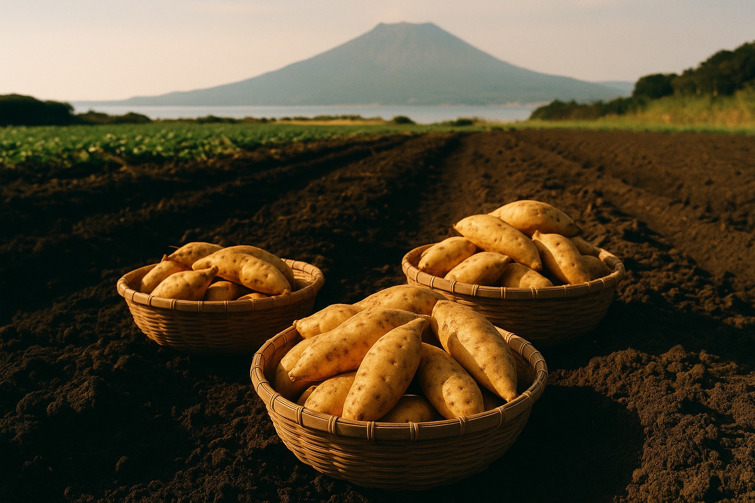 Harvested sweet potatoes in baskets with Sakurajima on the horizon in Kagoshima