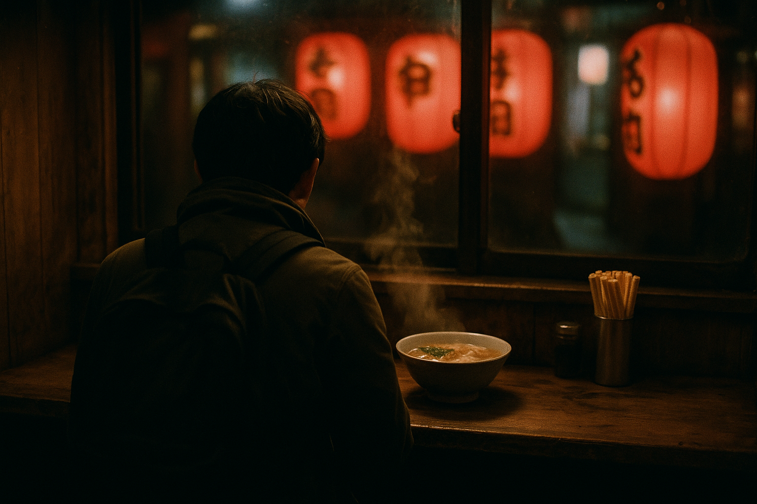 Solo traveler sitting at a Fukuoka ramen counter late at night, viewed from behind