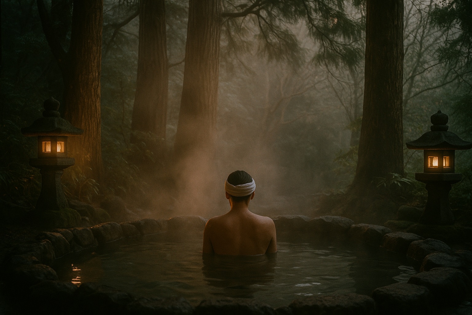 Solo traveler soaking alone in an outdoor stone bath at Kurokawa Onsen at dawn