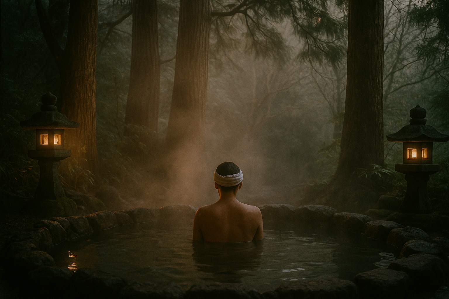 Solo traveler soaking alone in an outdoor stone bath at Kurokawa Onsen at dawn
