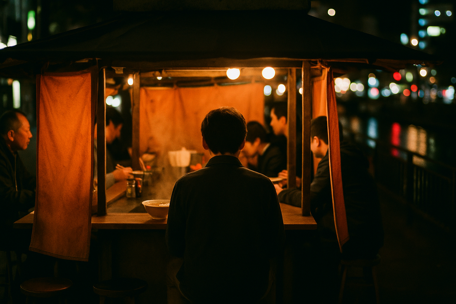 Solo diner at a Fukuoka yatai counter at night, surrounded by locals