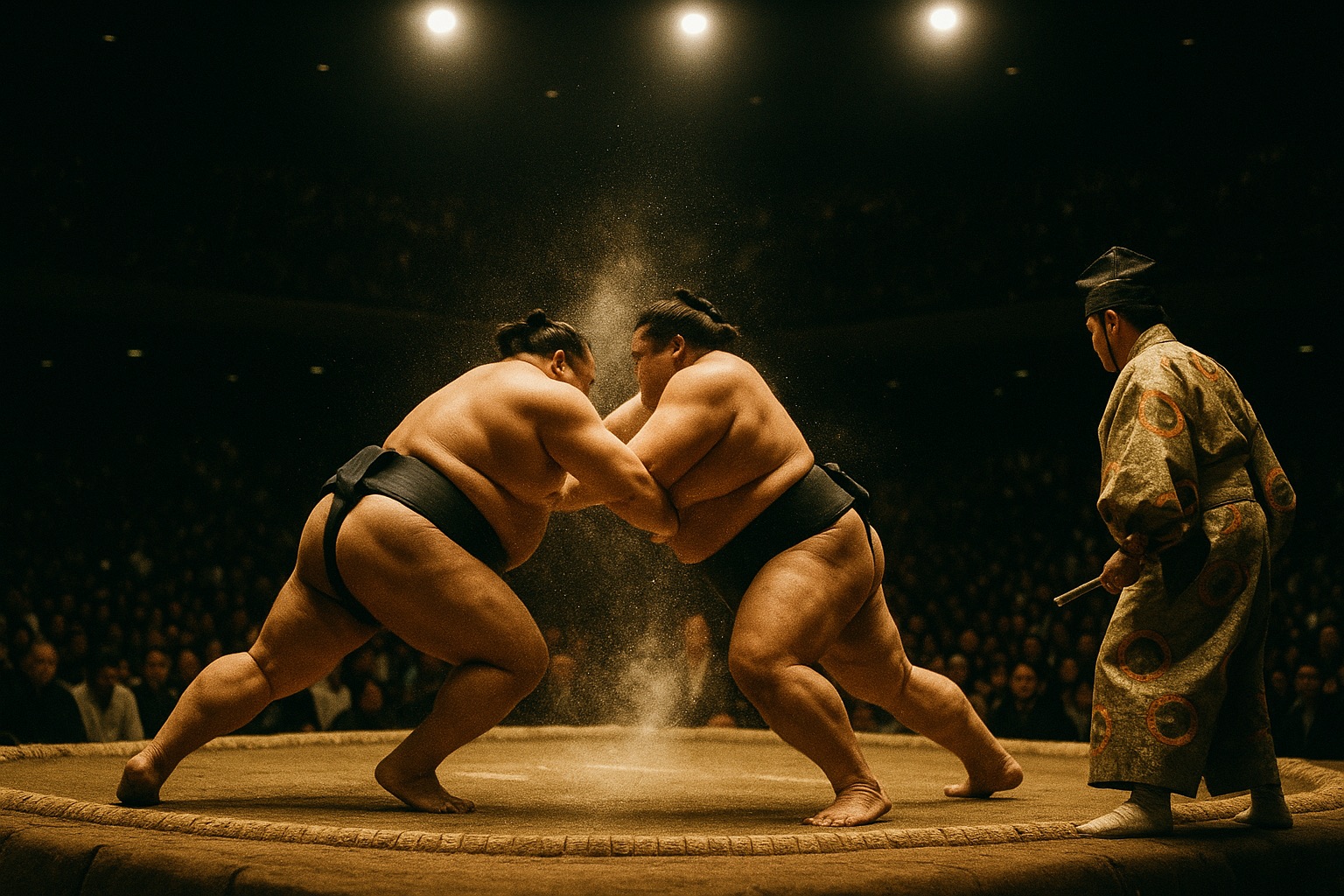 Two sumo wrestlers colliding on the dohyo during a tournament bout