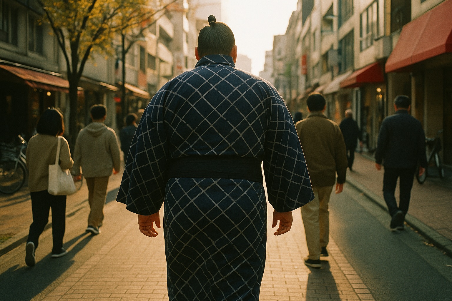 A sumo wrestler in yukata walking through a Fukuoka shopping street in November