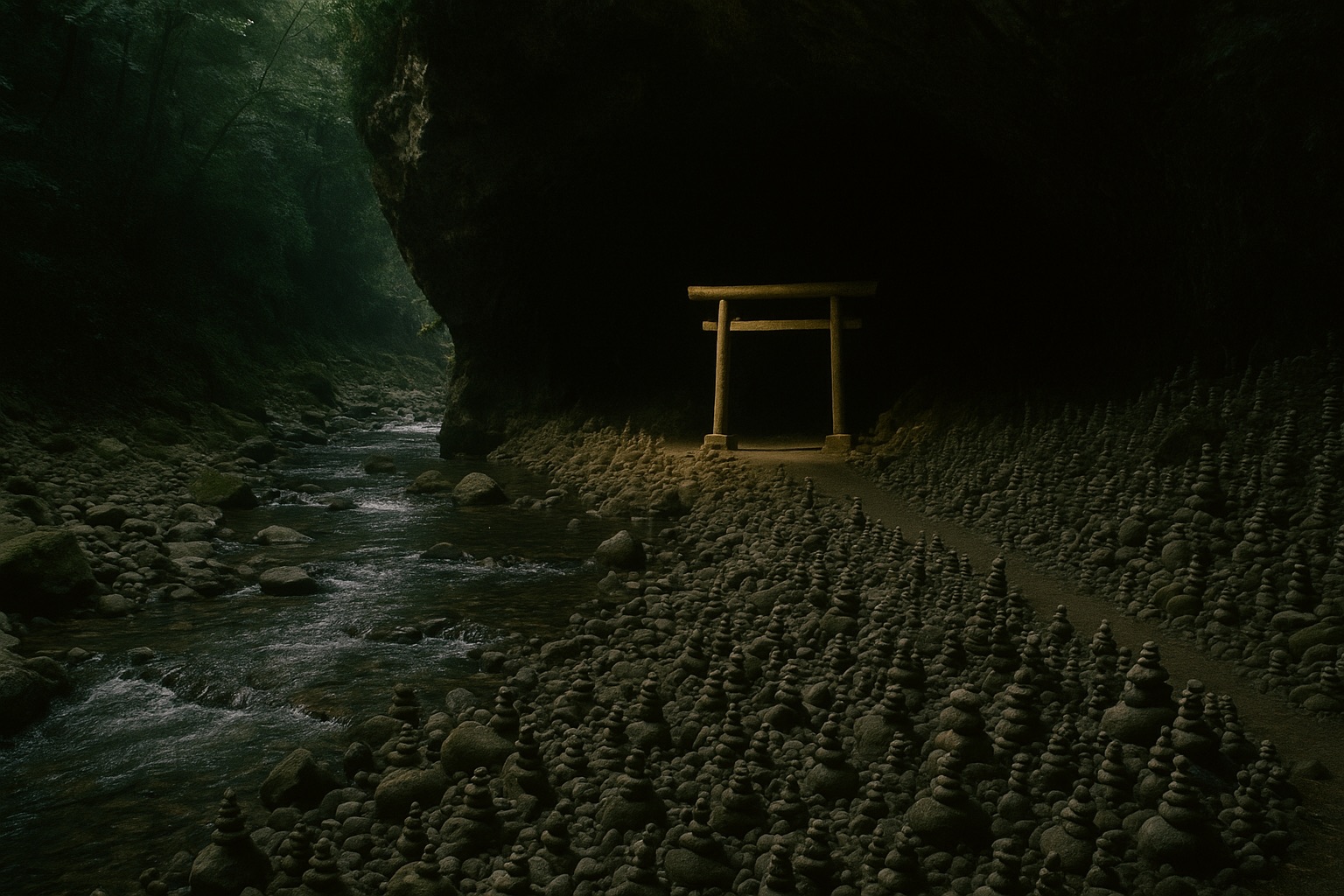 Stacked prayer stones along the river approach to the Amano Yasukawara cave shrine