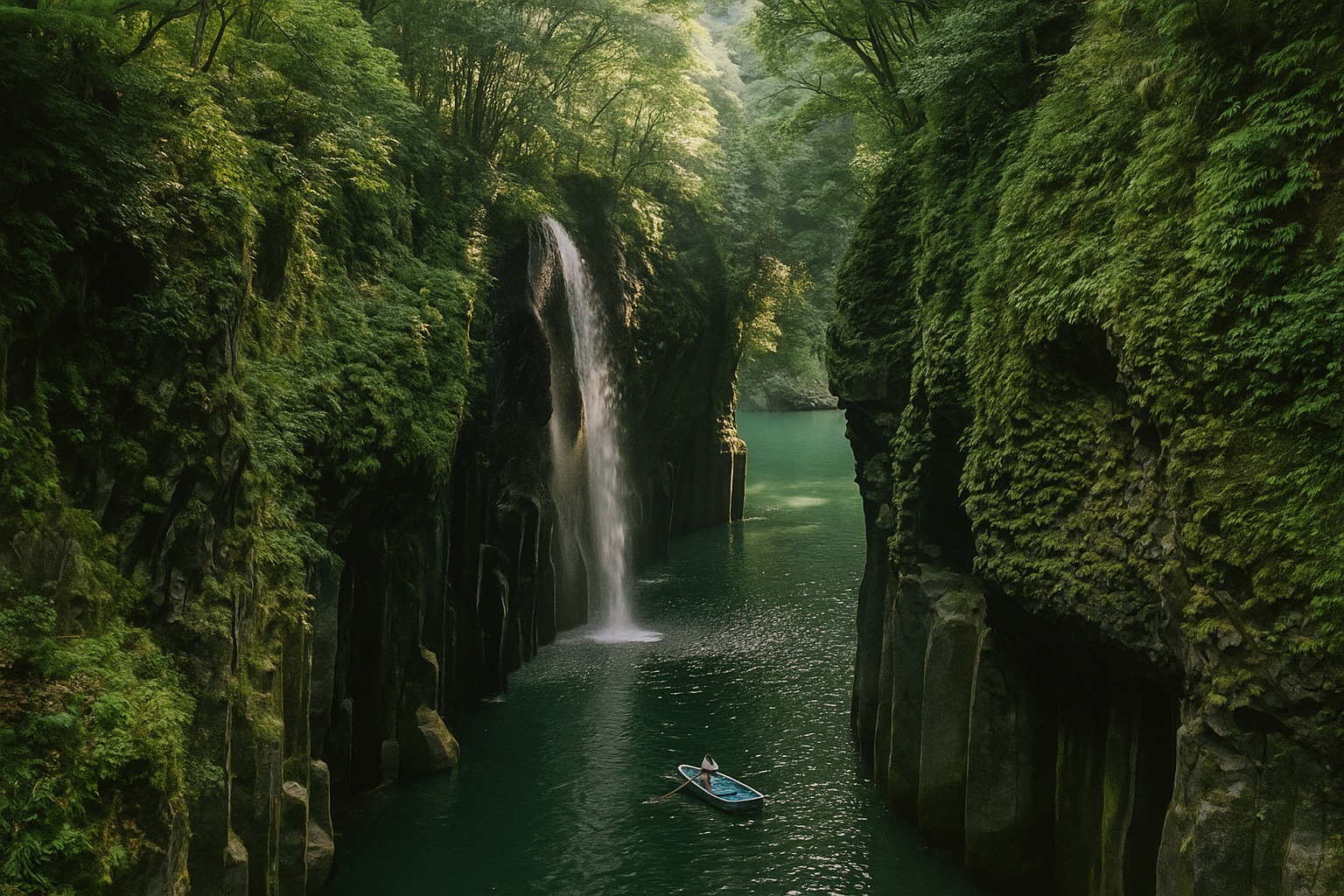 A rowboat beneath the Manai waterfall in Takachiho Gorge