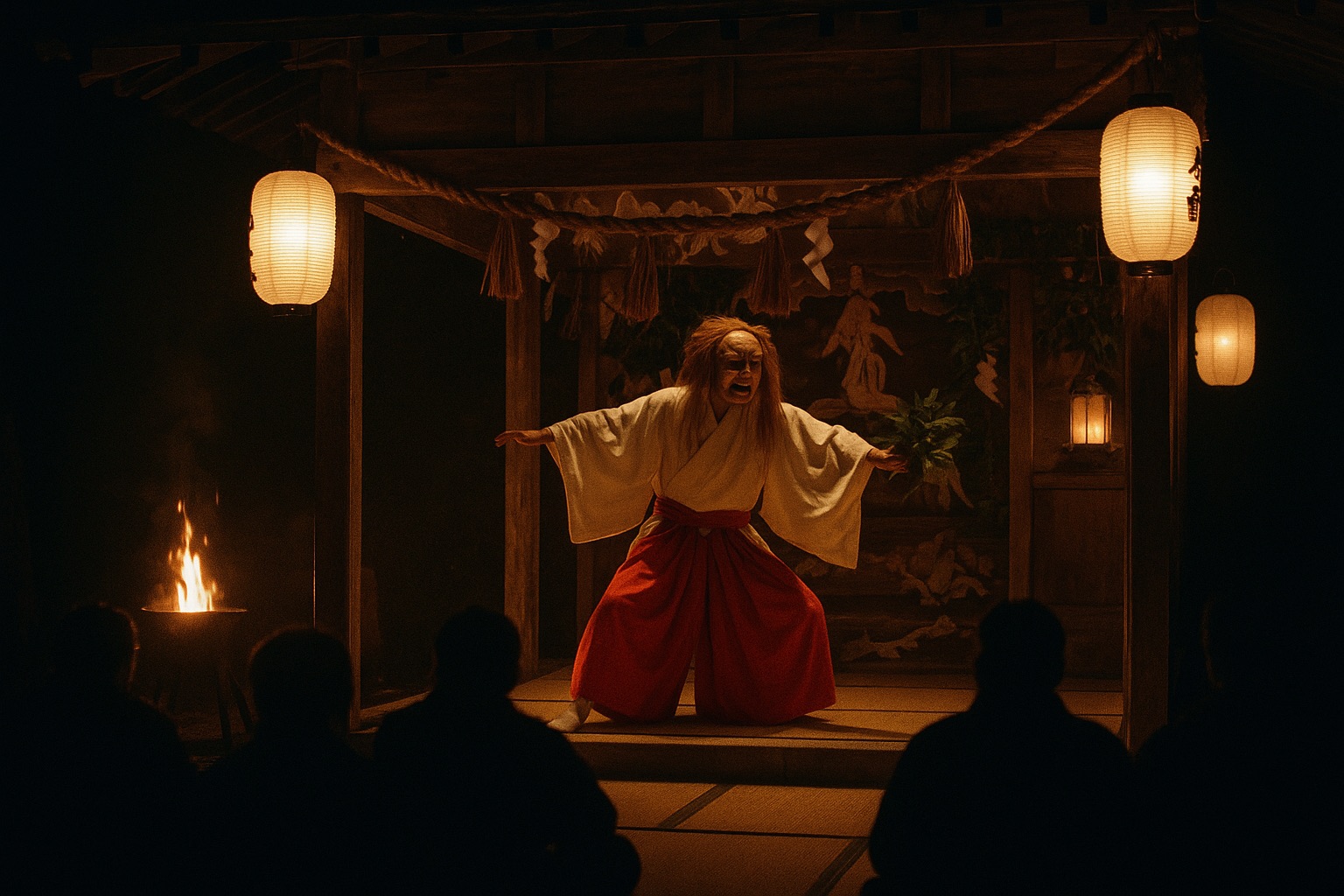 A masked yokagura dancer performing by lantern light in Takachiho