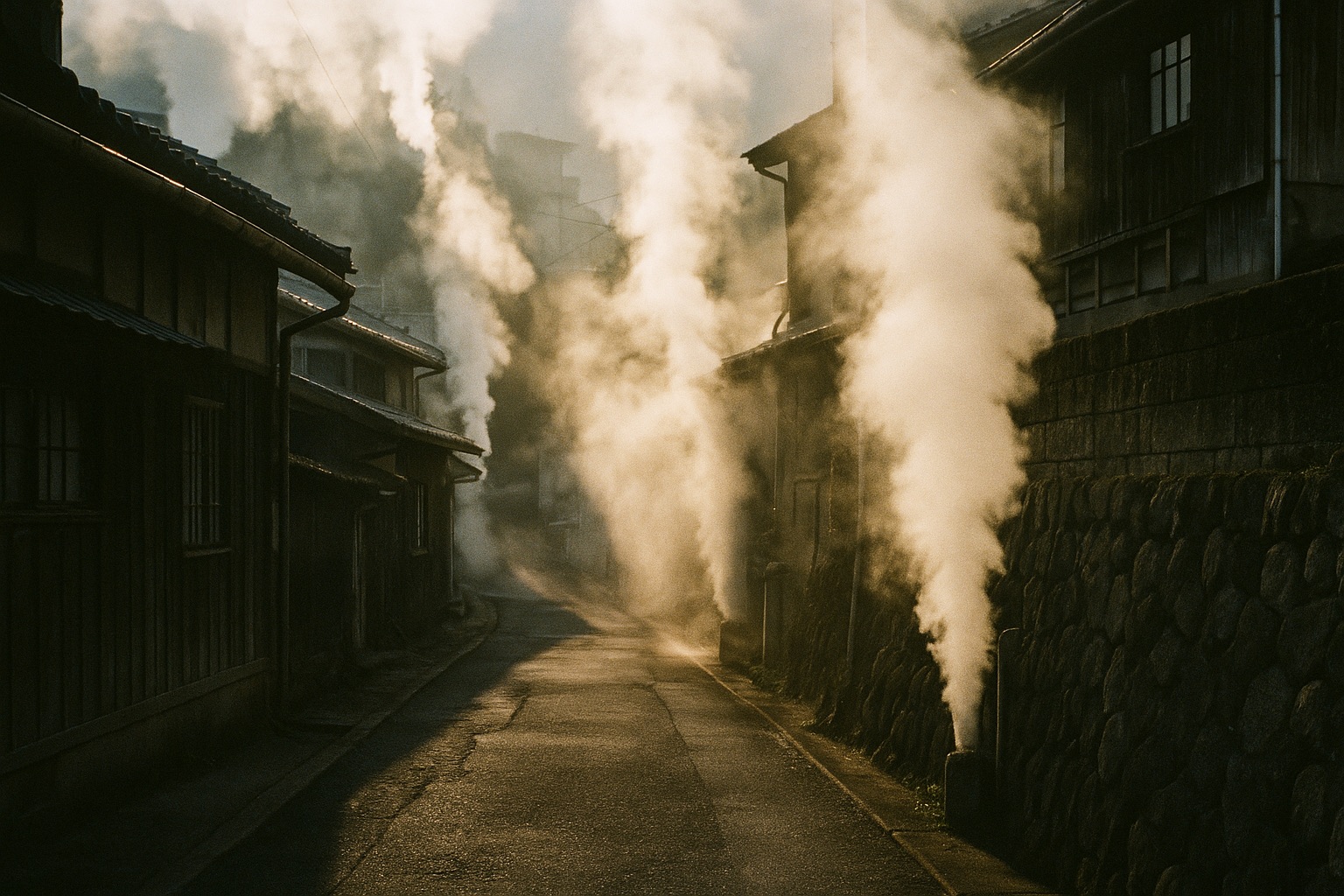 Volcanic steam rising between buildings in Beppu's Kannawa district